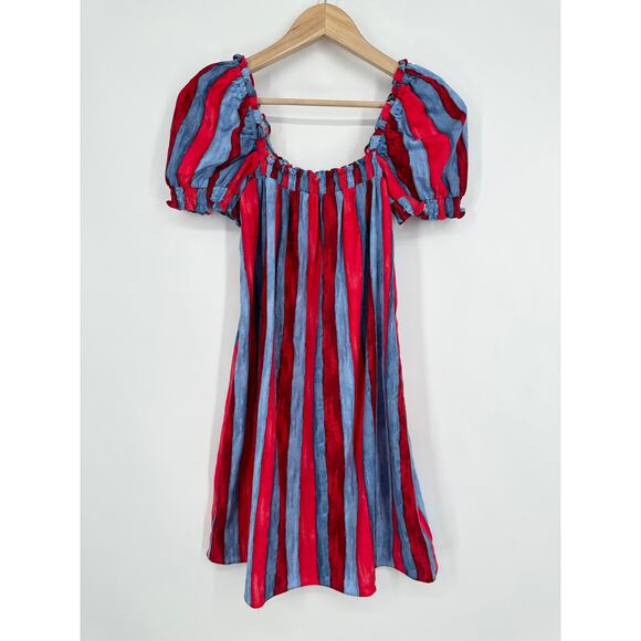 Tuckernuck Pomander Place Mini Dress Linen Blend Puff Sleeve Painterly Striped - Picture 10 of 14